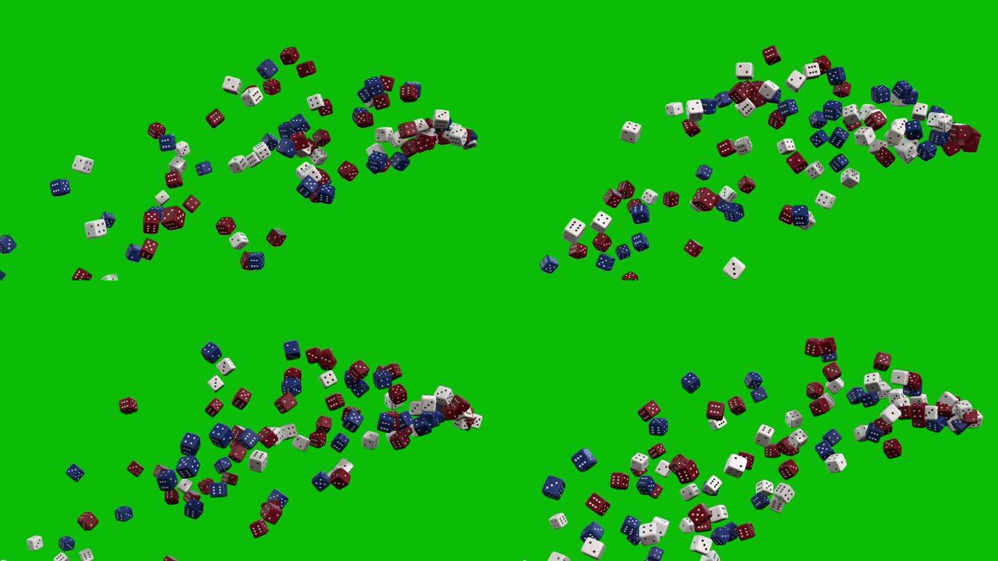 赌场白色，红色和蓝色骰子从右边扔起来和落下，绿色屏幕3D动画，骰子头奖，骰子喷泉，
