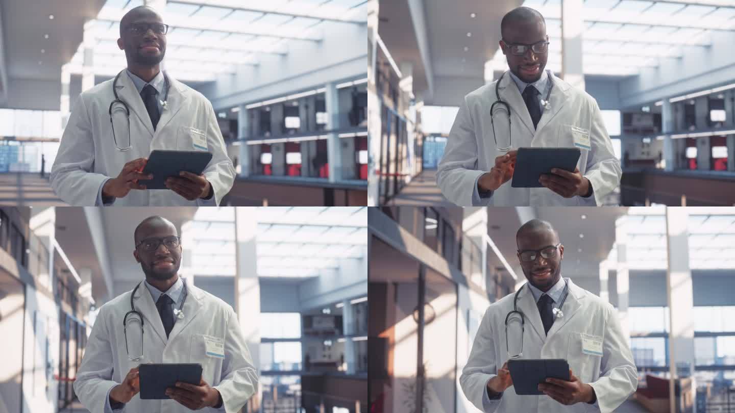 医院病房:护士、医生、外科医生站立使用数字平板电脑进行医疗保健。黑人男性专业人员在设备先进的现代诊所