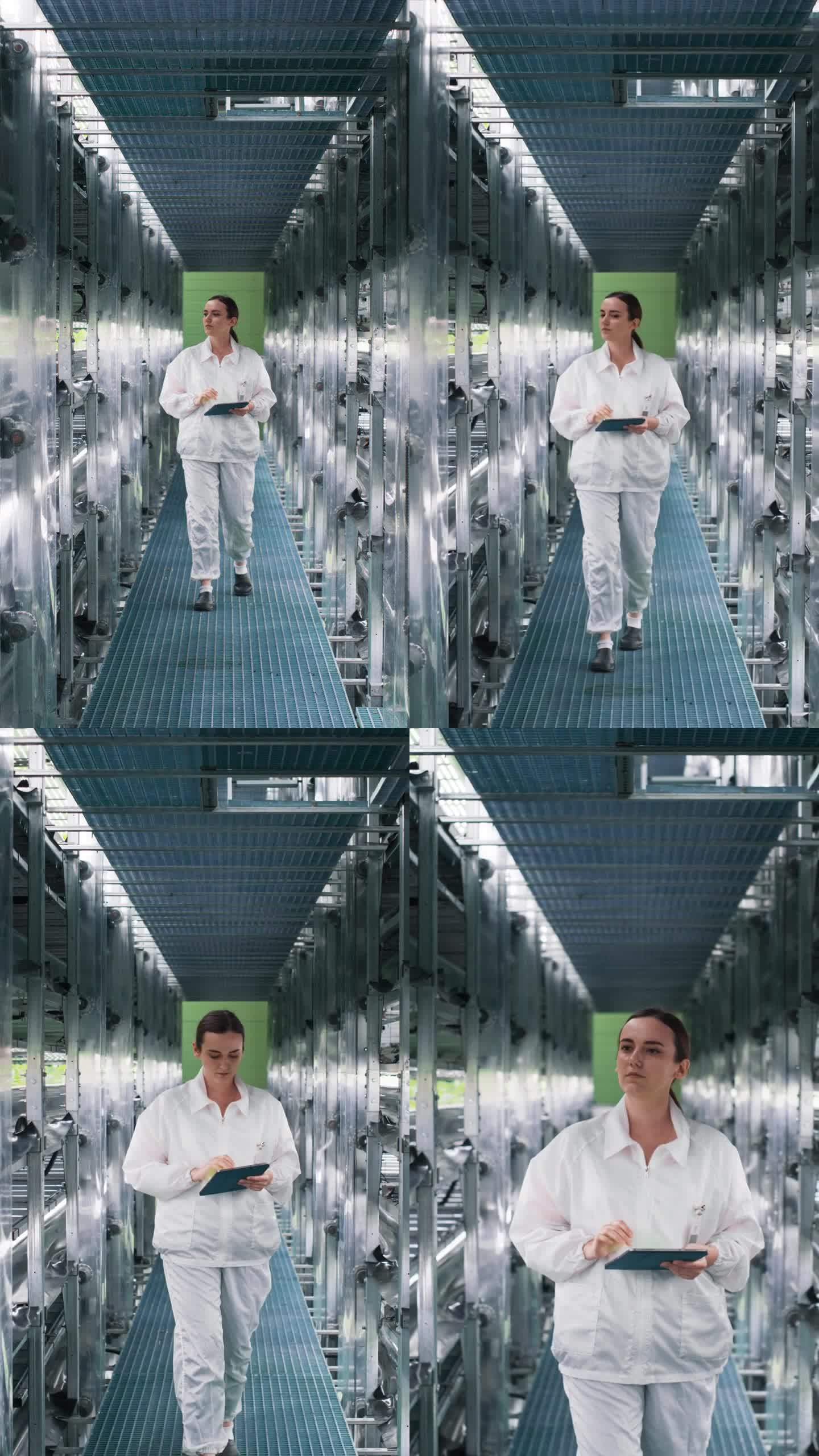 竖屏:一位女农民在现代垂直农场的一排排农产品之间行走。用平板电脑组织分析防护服青年园艺工作者的植物信
