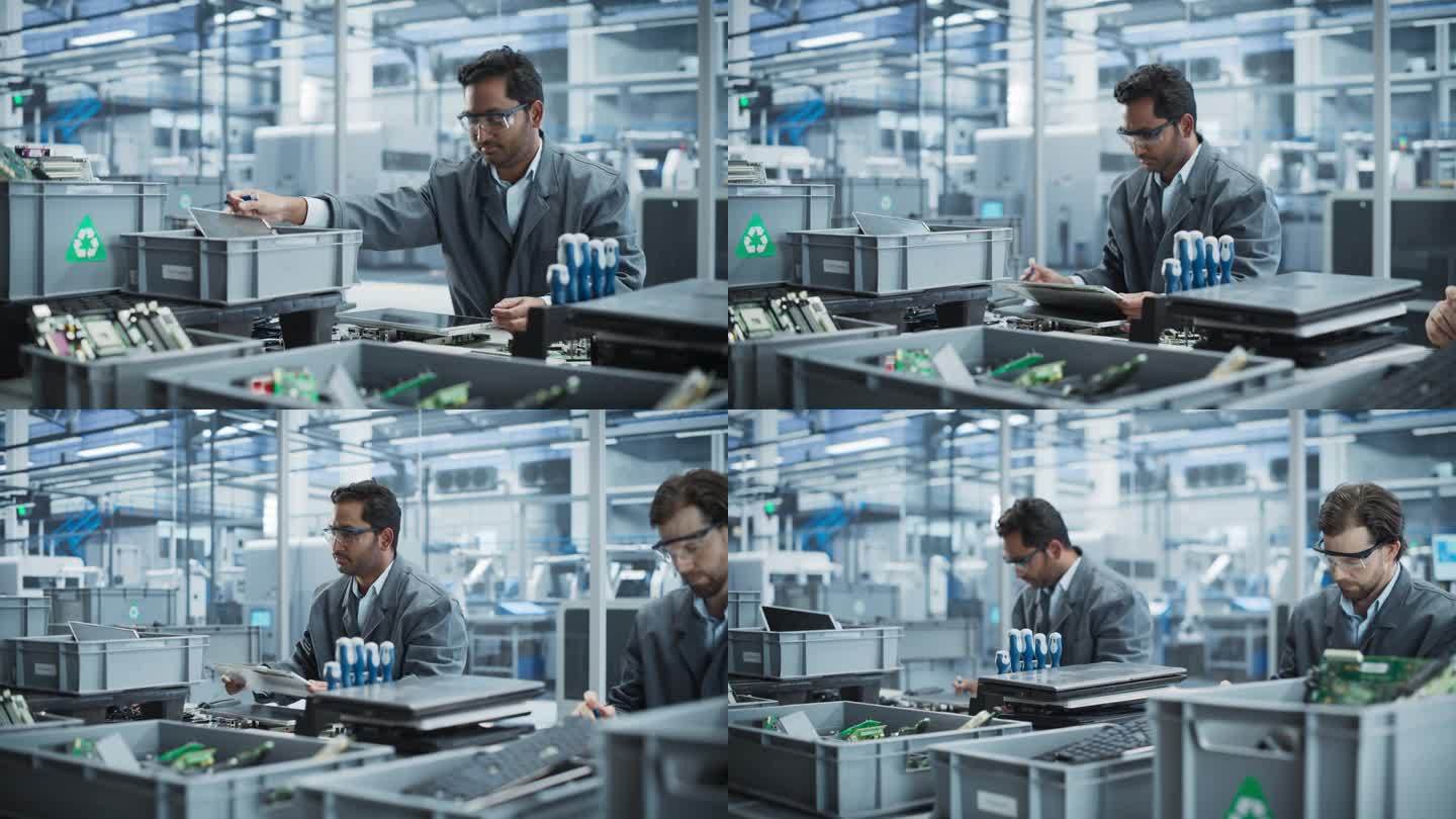在拥有机械臂的自动化电子厂，印度和高加索男性工人正在拆卸笔记本电脑，回收用于生产微芯片的部件。同事排