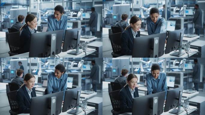白人女工程师和西班牙裔产品经理使用台式电脑，在自动化工厂用机器手说话。不同的同事讨论新的高科技设备生