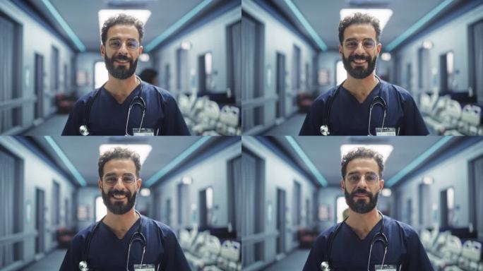 一个拉丁医疗保健专业人员对着相机摆姿势，微笑着看着相机的肖像。戴眼镜在医院办公室工作的临床医师或护士