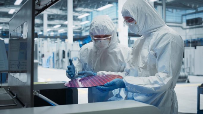 电子工厂的半导体生产过程:两位穿着无菌服的科学家从焊接喷墨打印机中取出硅片并进行检查。工程师为计算机