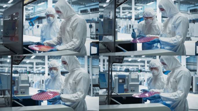 电子工厂的半导体生产过程:两位穿着无菌服的科学家从焊接喷墨打印机中取出硅片并进行检查。工程师为计算机