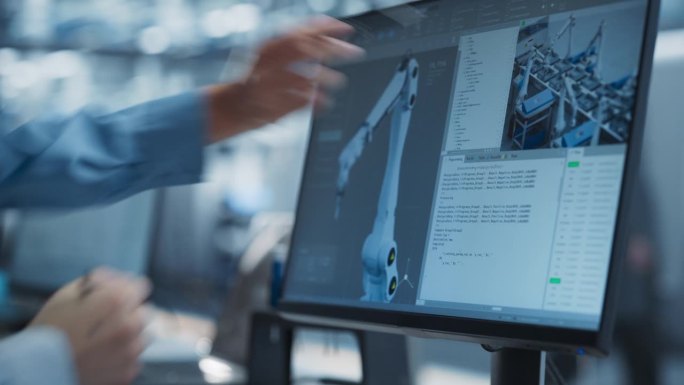 现代工厂机械臂自动化装配线的桌面电脑屏幕特写。匿名工人指着显示器，调整生产过程。