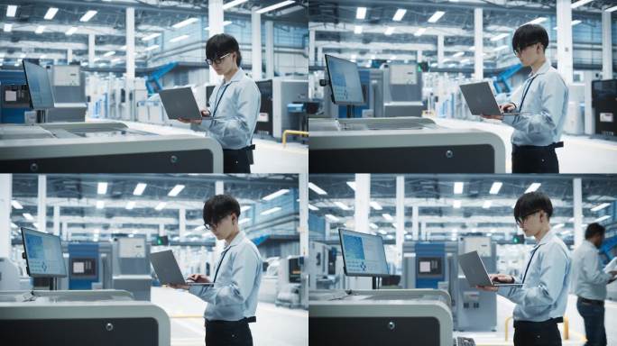 亚洲男工程师在电子厂用笔记本电脑控制焊锡喷墨打印机。为人工智能系统生产创新印刷电路板的人。