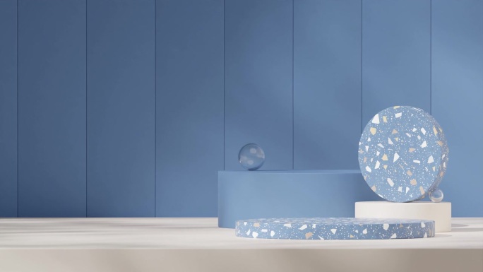 渲染3d画面空白蓝白色水磨石讲台的模型，循环无缝的阴影动画与玻璃球和蓝色的墙