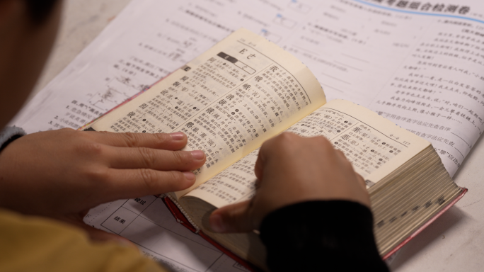 小孩深夜认真学习查字典