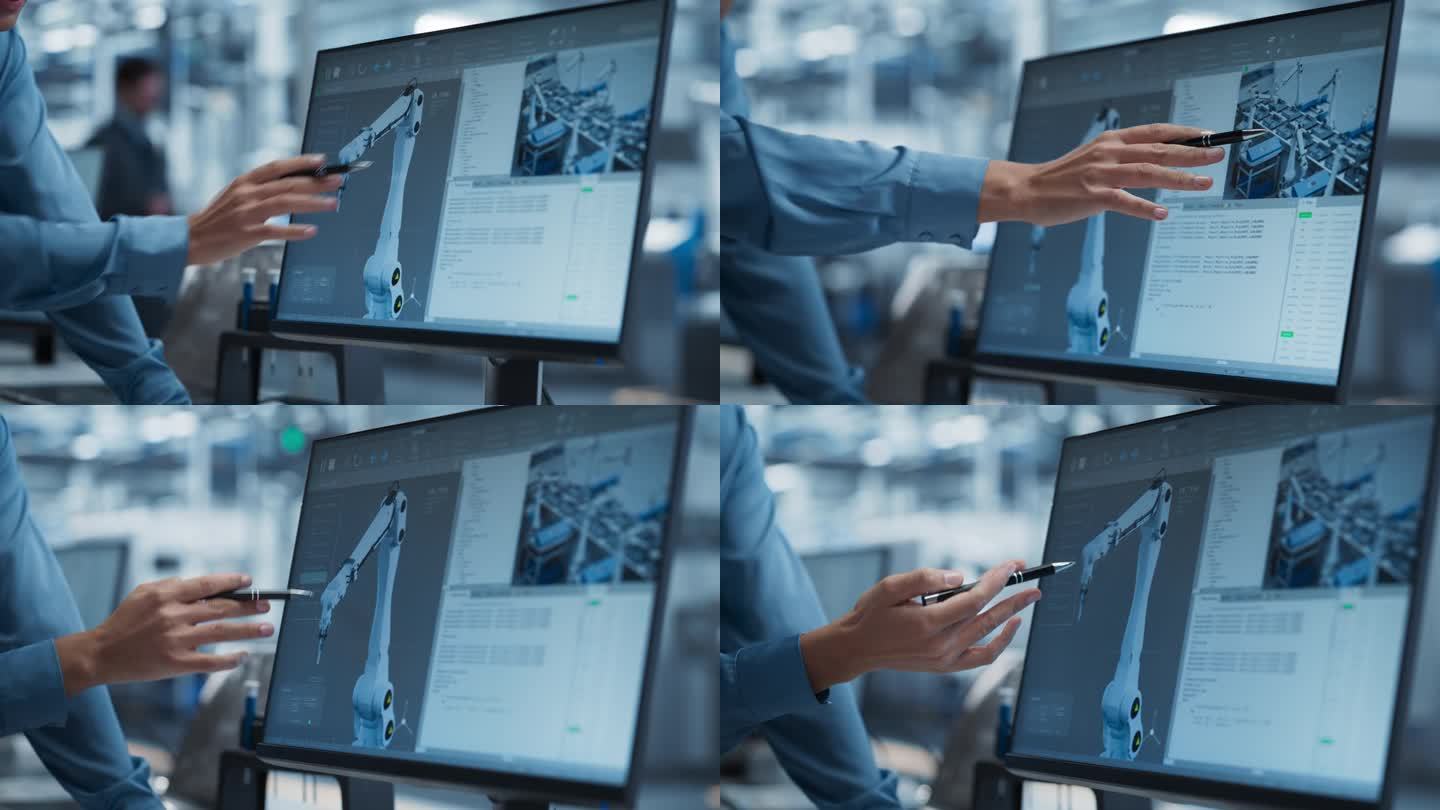 现代工厂机械臂自动化装配线的桌面电脑屏幕特写。技术主管对显示器进行指示，调整生产工艺