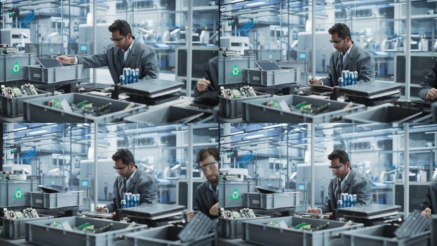 在拥有机械臂的自动化电子厂，印度和高加索男性工人正在拆卸笔记本电脑，回收用于生产微芯片的部件。同事排