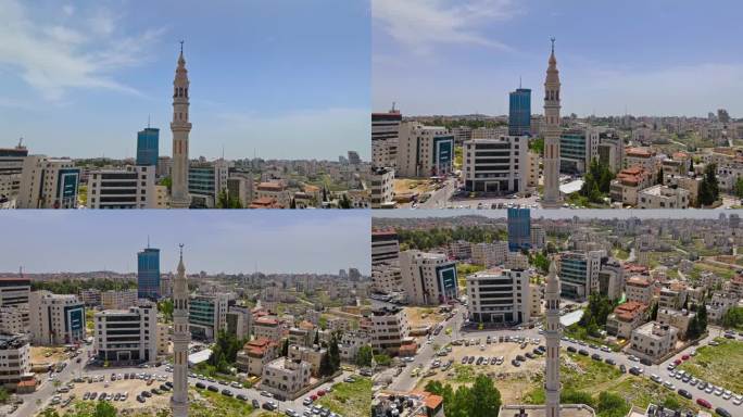 巴勒斯坦西岸拉马拉市高大的清真寺尖塔。无人机航拍