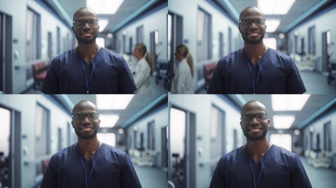 一个黑人医疗保健专业人员的肖像，对着相机摆姿势，微笑着看着相机。戴眼镜在医院办公室工作的临床医师或护