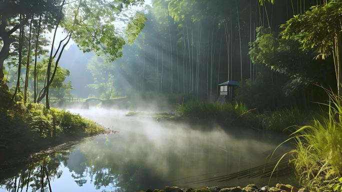 4k幽静竹林河流禅意