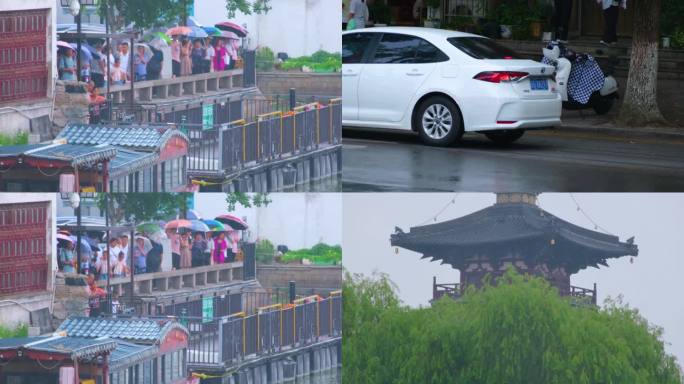 江苏苏州姑苏寒山寺江南水乡下雨季游客风景