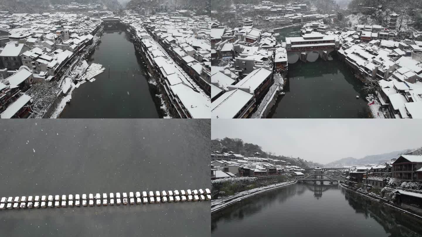 湖南湘西凤凰古城雪景下雪