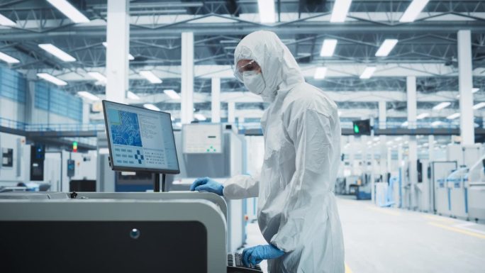 电子厂研究中心的印刷电路板生产:穿着无菌服的科学家使用焊接喷墨打印机为强大的CPU制造主板。硬件制造