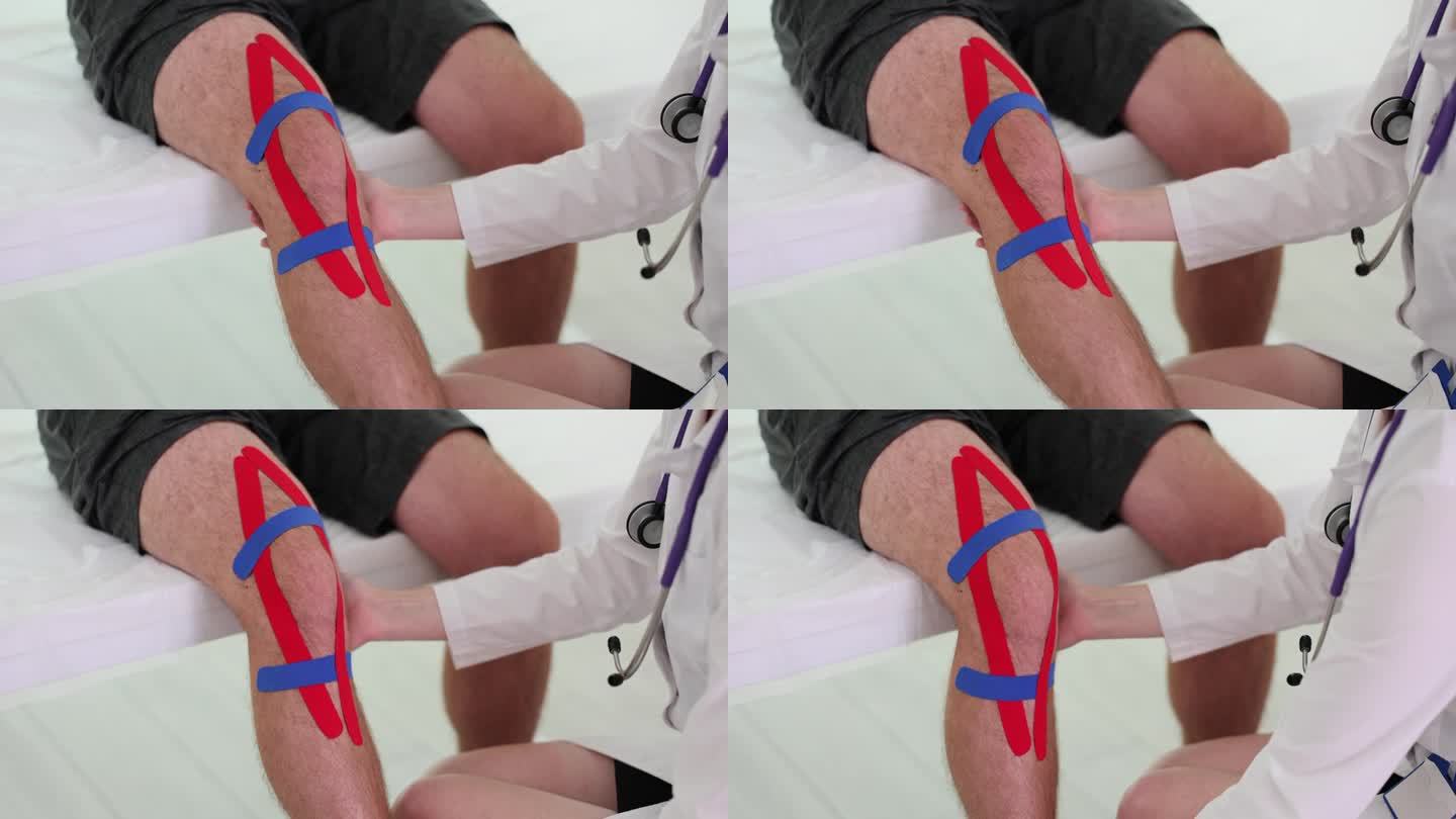 医生在男性膝盖上使用运动学拉伸带