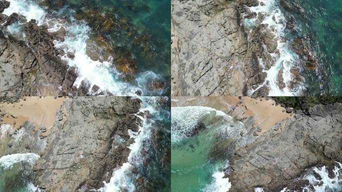 色彩斑斓的海水环绕着岩石和风景优美的海岸线。海浪拍打着岩石。大洋路海岸线鸟瞰图。澳大利亚著名的地标，