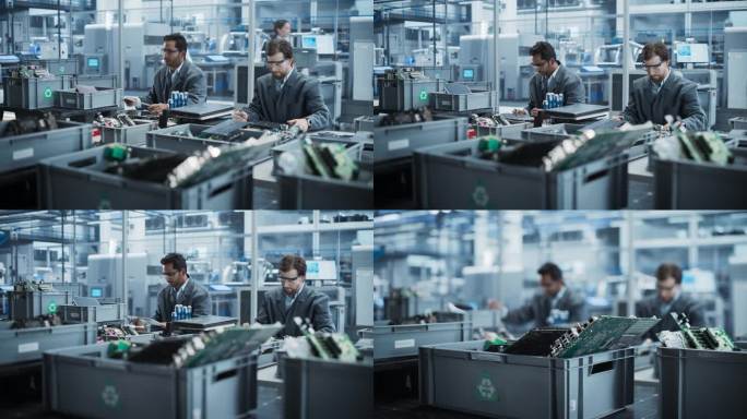 印度和高加索男性工人在自动化电子工厂用机械臂拆卸笔记本电脑，回收用于生产数字设备。同事排序显示和键盘
