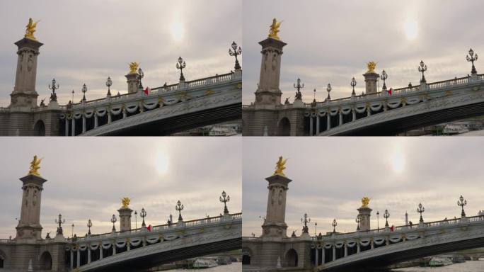 塞纳河、亚历山大三世桥和巴黎大皇宫。这是一个阳光明媚的夏日
