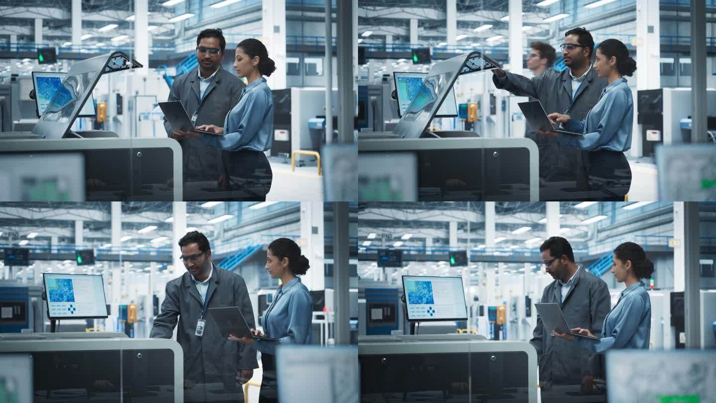印度男性工业工程师和西班牙女性经理在电子厂用笔记本电脑聊天。一名男子使用焊锡喷墨打印机，解释新主板生