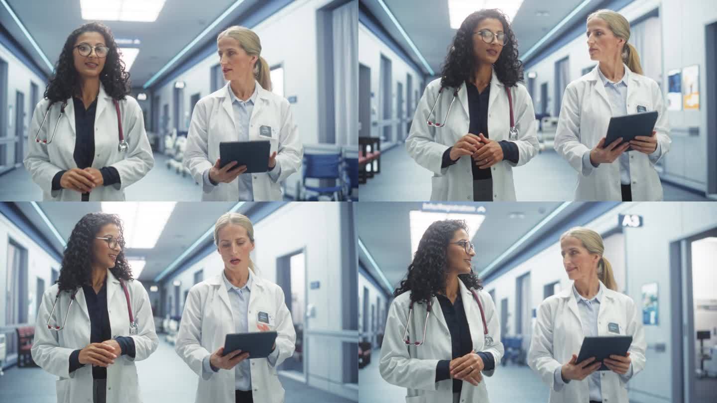 专业多民族医生用数字平板电脑与女护士交谈。两位医疗保健专家在病房里讨论，寻找治疗方案