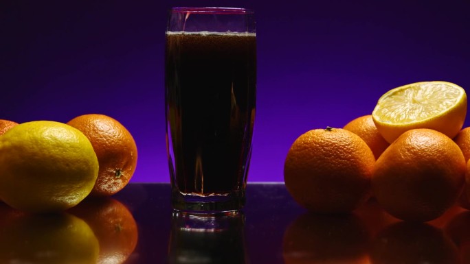 酒保的概念。股票剪辑。紫色的背景，一个宽敞的大玻璃杯，里面倒着苏打水，整个静物画都用淡橙色装饰。高品