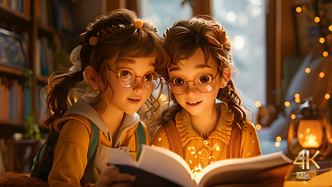 温馨书房里 小孩看书 烛光闪烁 温暖氛围