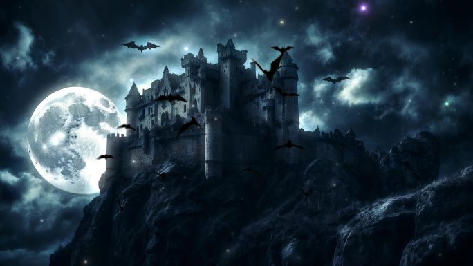 4K阴森恐怖万圣节蝙蝠城堡月圆之夜背景