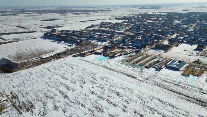 冬季白雪覆盖的北方民居田野