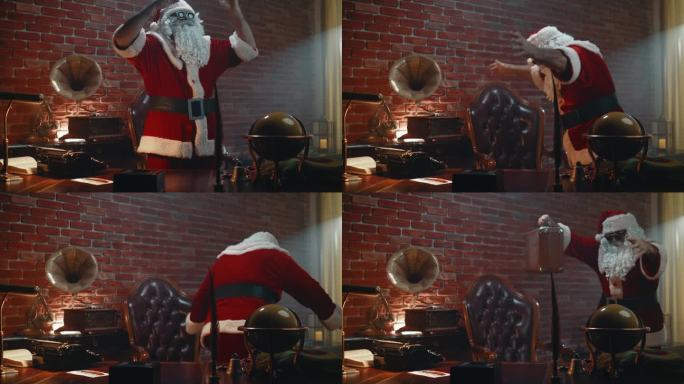 快乐好玩的圣诞老人正准备去度假，找一个手提箱，在他的工作室跳舞