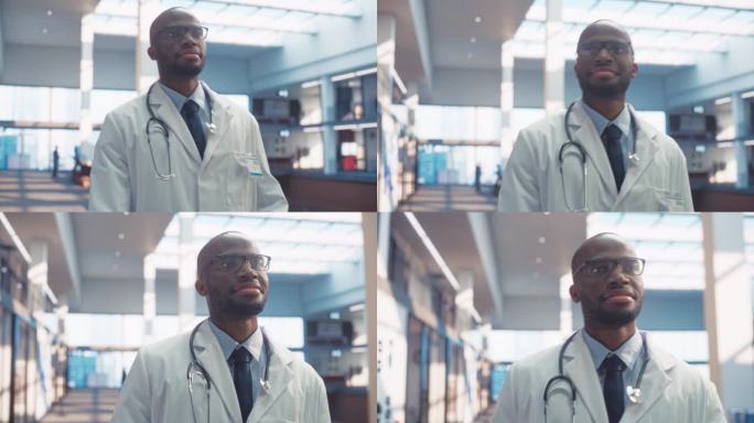 黑人男医生在医院走廊行走的跟踪镜头。快乐的男外科医生走向她的办公室在卫生设施和问候同事，微笑。诊所里