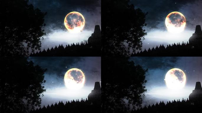 婆罗浮屠寺的剪影与满月的景象