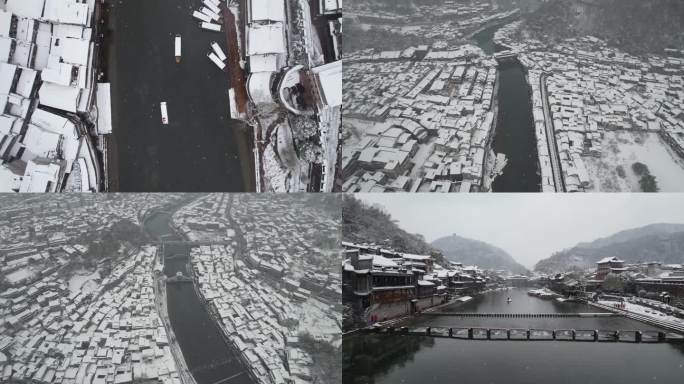 湖南湘西凤凰古城雪景古镇下雪