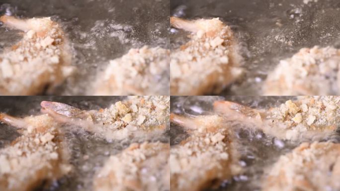 用面包屑和滚烫的油煎虾。
