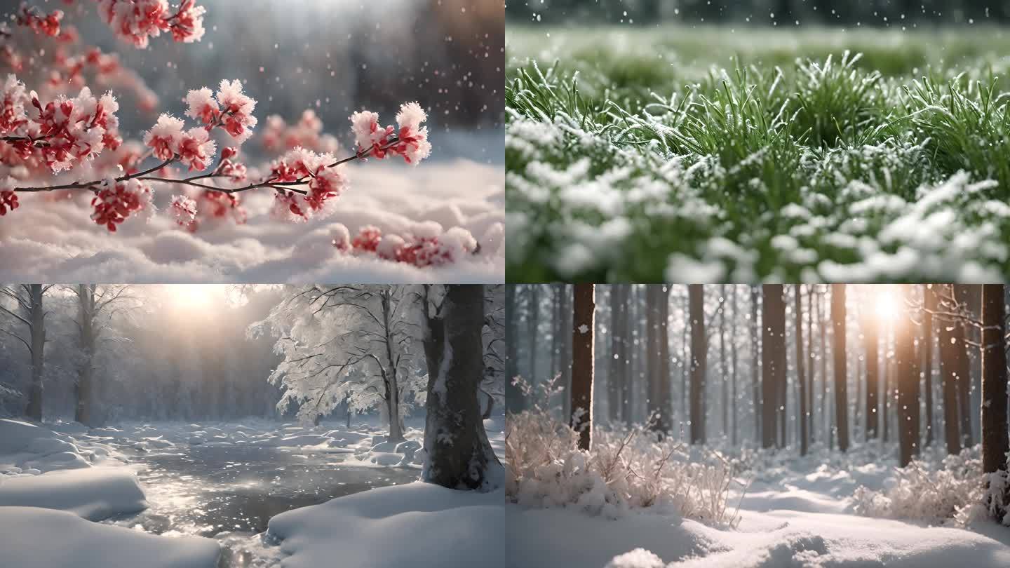 冬天唯美自然空镜 梅花雪花 小草森林雪花