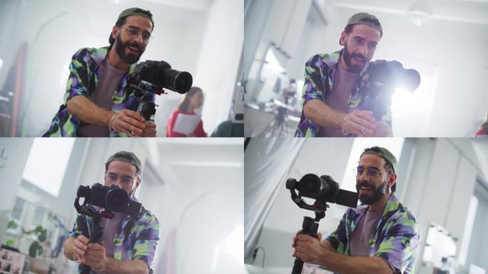 一名男性摄像师在拍摄商业广告时使用稳定器并给模特指示的慢动作肖像。艺术家使用数码相机制作视频作为创意