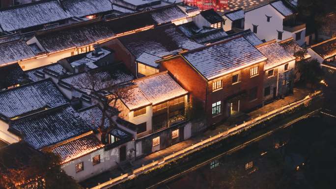 唯美古镇古街道雪景夜景