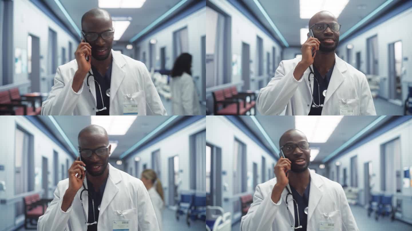 医院病房走廊:乐于助人的黑人男医生与病人通话，给出药物建议的肖像。医生边走边说他的智能手机，远程咨询