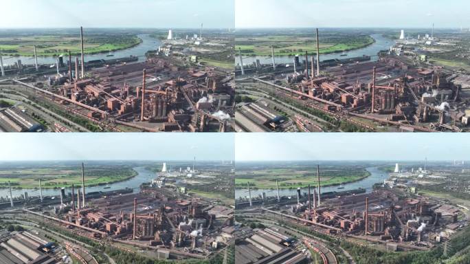 重金属工业，高炉，德国最大的钢铁厂之一，高烟囱，这是烧结厂的一部分。杜伊斯堡，德国空中无人机视图。