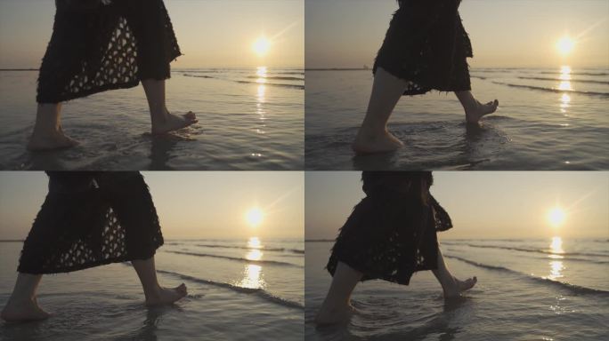 浪漫空镜唯美女生光脚沙滩慢步行走脚步特写