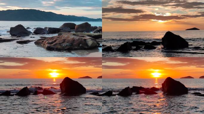 马来亚庇傍晚海边夕阳火烧云海浪拍打礁石