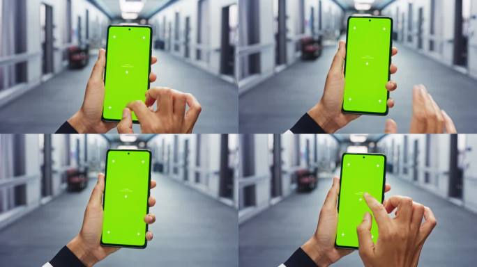 一位匿名男医生站在光明医院，用智能手机近距离拍摄绿屏模型。手机上显示医疗内容的屏幕替换镜头