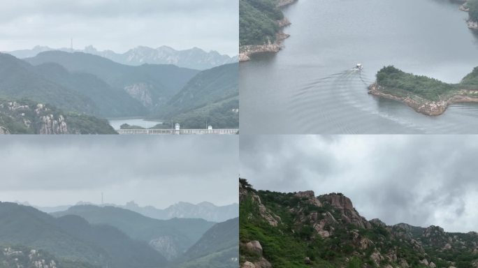 航拍龙潭湖大雾天气延时水库青山绿水大山