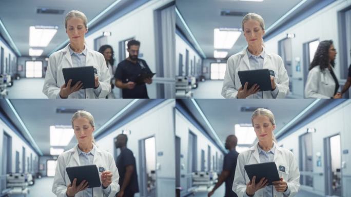 一位经验丰富的白大褂女医生在医院走廊用平板电脑工作的画像。医疗保健专业人员或护士长看着镜头，温柔地微