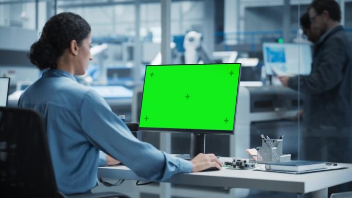 西班牙裔女性机器人工程师在工厂办公室使用带有绿屏Chromakey模拟显示器的台式电脑。技术研发设施