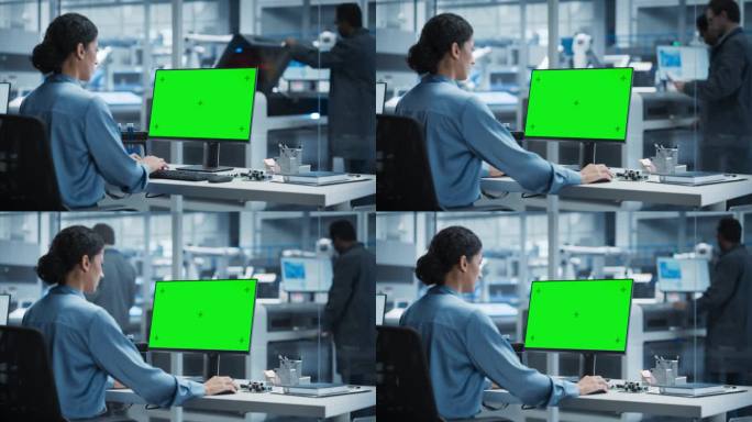西班牙裔女性机器人工程师在工厂办公室使用带有绿屏Chromakey模拟显示器的台式电脑。技术研发设施