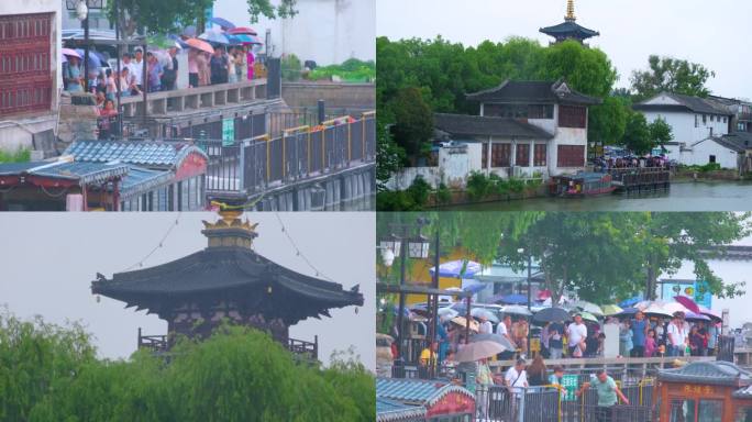 江苏苏州姑苏寒山寺江南水乡下雨季游客风景