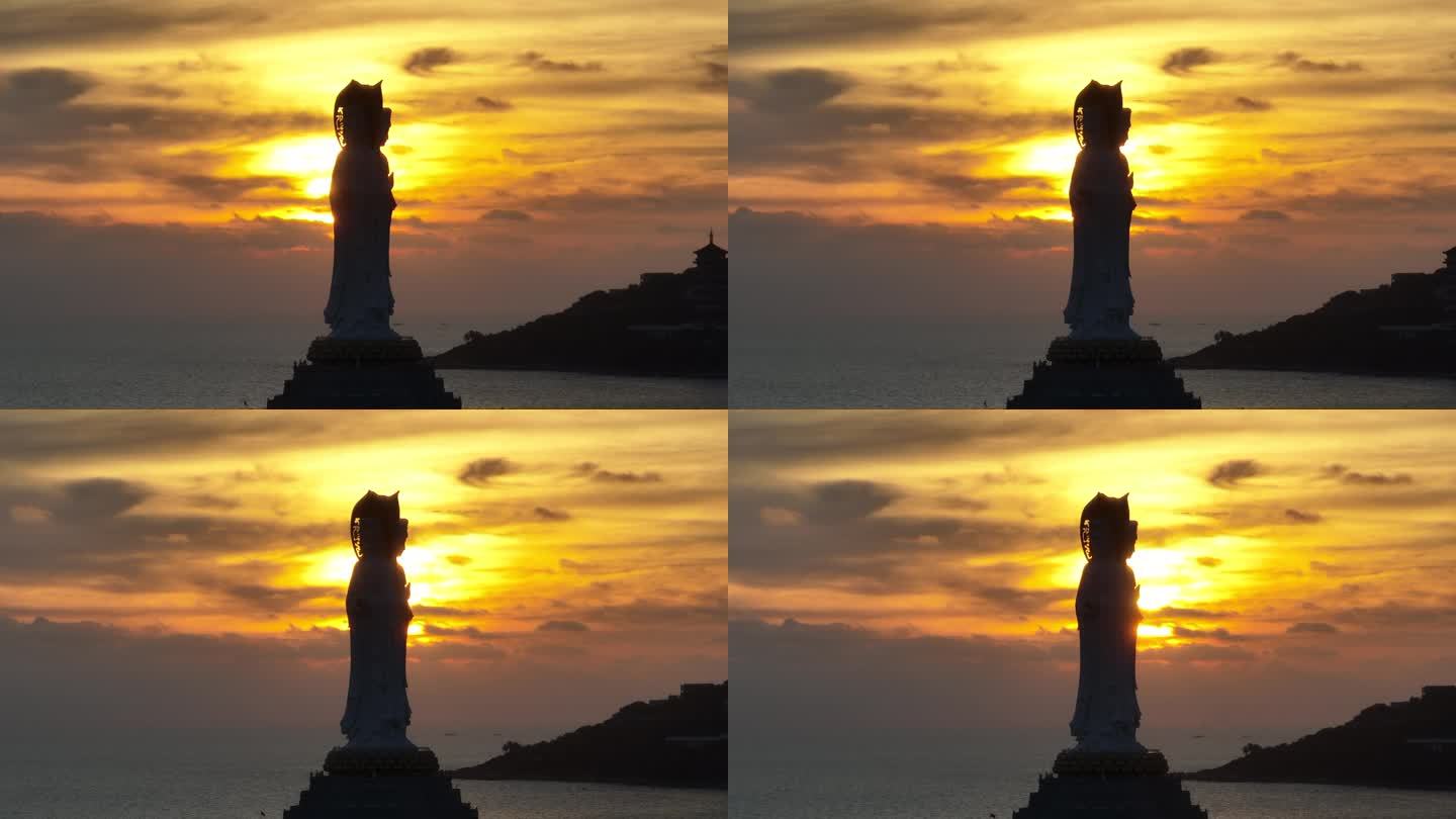 航拍的观音雕像在海边的南山寺，中国海南岛