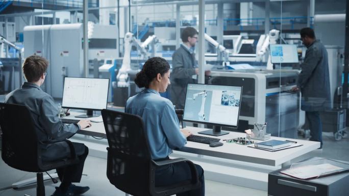 白人男性程序员和西班牙裔女性装配线操作员在现代工厂使用台式电脑和机械臂。从事高科技设备生产的不同同事